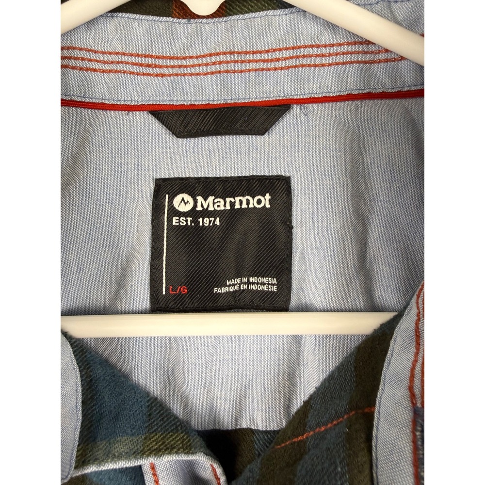 Marmot Mens Large Plaid Flannel Long Sleeve Button Down Shirt Blue Green Orange‎